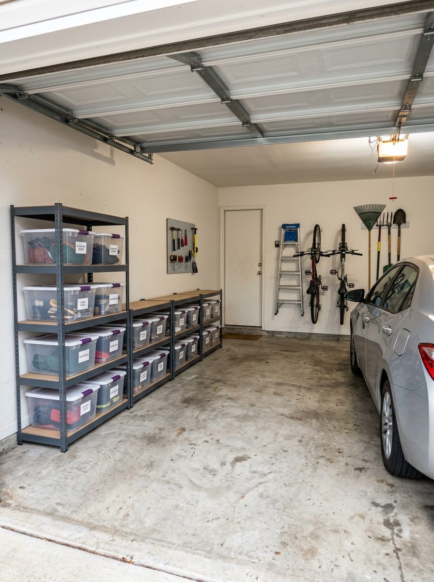 The same garage organized with shelving, labeled bins and wall hooks