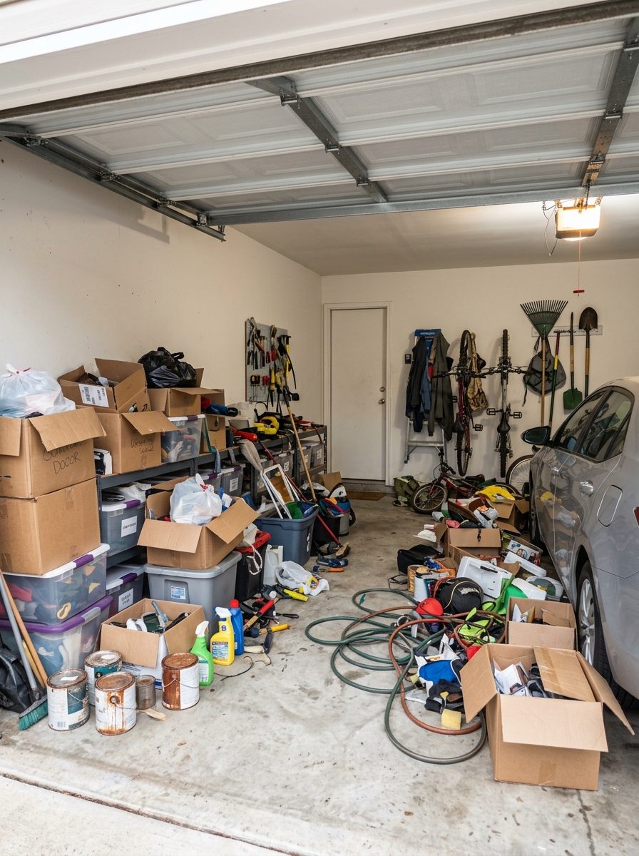 Cluttered two-car garage with boxes, bins and tools on the floor