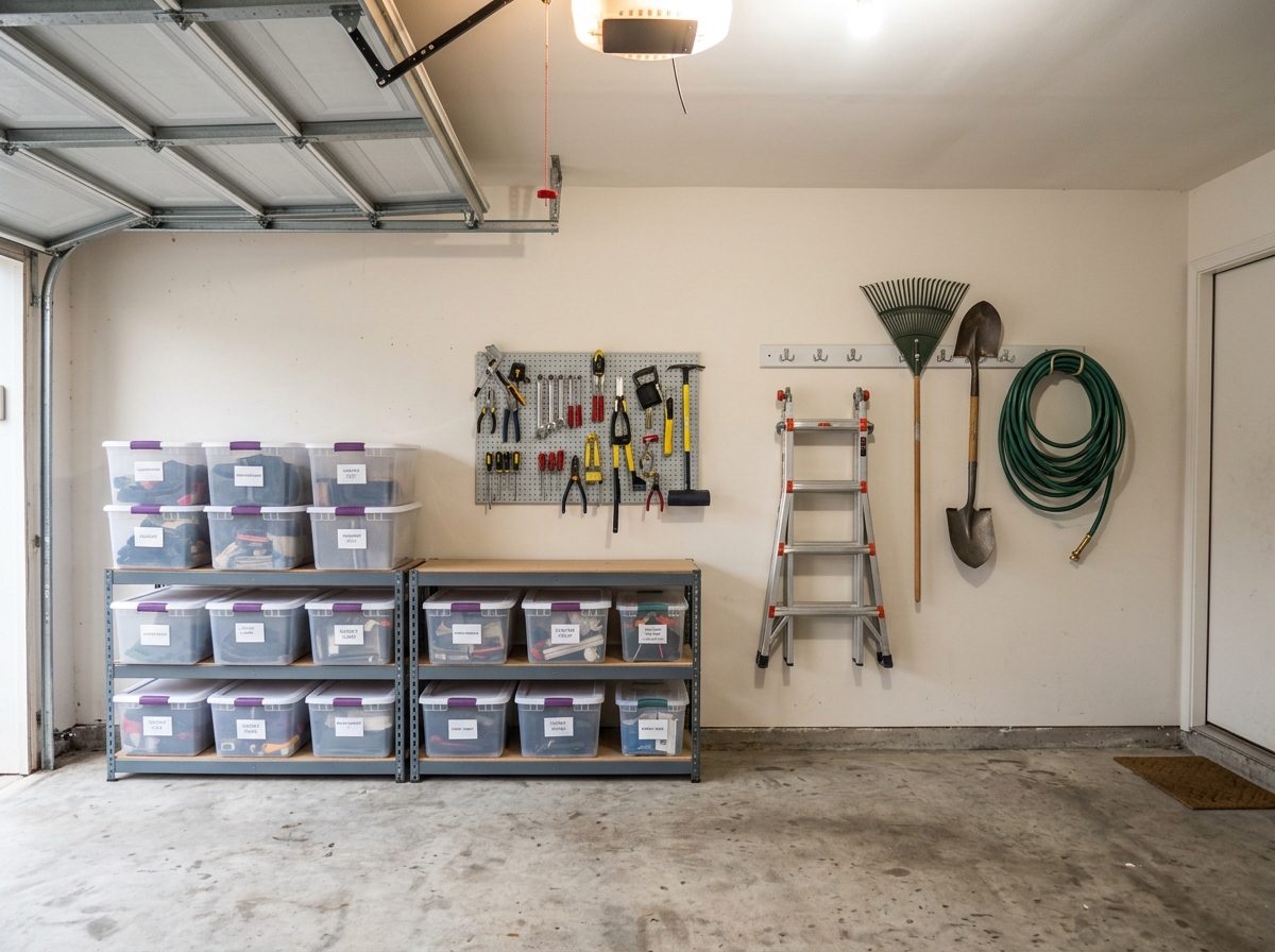 Organized garage wall with shelving, labeled bins, a pegboard and wall hooks